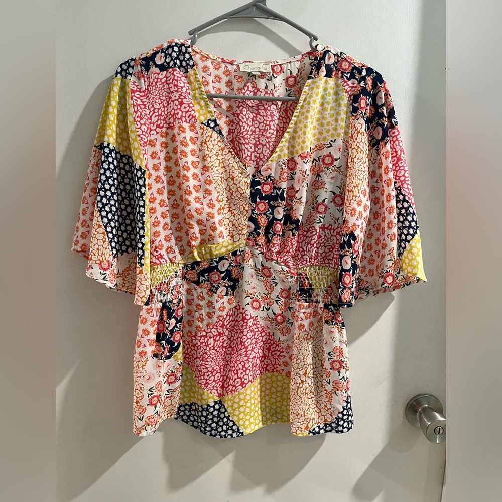 Chenault Patchwork Floral V-Neck Blouse, size small